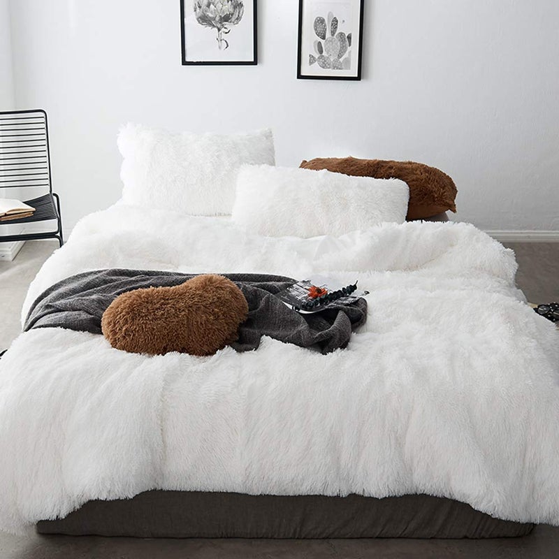 MorroMorn 5 PCS Shaggy Duvet Cover Bedding Set - Long Faux Fur Luxury Ultra Soft Cozy (White, King/California King) - Image 1